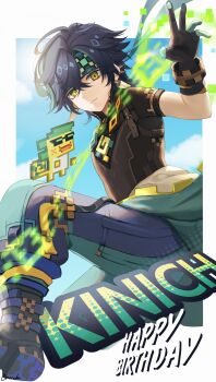 1boy 1other ajaw_(genshin_impact) amaneko_(amaneko_y) aqua_headband black_gloves black_hair black_pants black_shirt character_name closed_mouth earrings genshin_impact gloves green_eyes green_hair hair_between_eyes happy_birthday headband highres jewelry kinich_(genshin_impact) looking_at_viewer male_focus multicolored_hair pants shirt short_hair short_sleeves smile spiked_ear_piercing upper_body