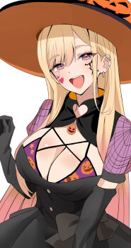 1girl absurdres black_dress blonde_hair breasts cleavage cowboy_shot dress earrings facial_mark halloween hat heart heart_facial_mark highres jewelry kitagawa_marin large_breasts long_hair nakano_kura open_mouth orange_hat red_eyes revision simple_background solo sono_bisque_doll_wa_koi_wo_suru white_background