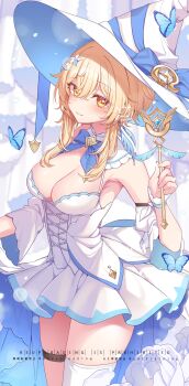 1girl absurdres alternate_costume armpit_crease blonde_hair blue_butterfly blush breasts bug butterfly cleavage closed_mouth commentary_request corset dress genshin_impact hair_between_eyes hand_up hat highres holding holding_wand insect kashiba_aira looking_at_viewer lumine_(genshin_impact) medium_breasts short_hair_with_long_locks signature single_thighhigh sleeveless sleeveless_dress smile solo spaghetti_strap thigh_strap thighhighs twitter_banner wand watermark white_corset white_dress white_hat white_thighhighs witch_hat yellow_eyes