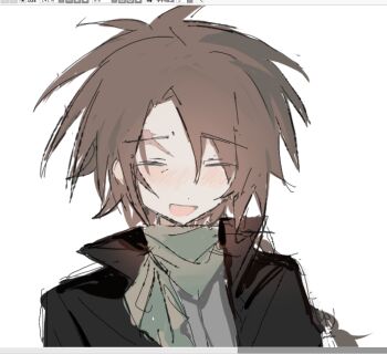 Rule 34 | 1boy, art program in frame, black jacket, blush, brown hair, closed eyes, green scarf, grey shirt, harada minoru, jacket, jiuxi526, long hair, male focus, open clothes, open jacket, open mouth, painttool sai, painttool sai (medium), portrait, saibou shinkyoku, scar, scar on face, scar on forehead, scarf, shirt, simple background, sketch, smile, solo, white background