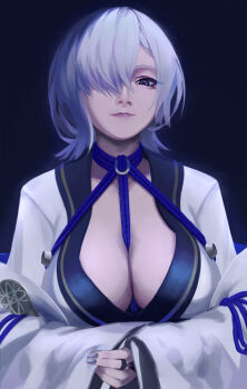1girl absurdres breasts cleavage grey_hair hair_over_one_eye highres hou_lai japanese_clothes kimono large_breasts looking_at_viewer medium_hair miko nail_polish ninja_gaiden ninja_gaiden_4 nontraditional_miko one_eye_covered open_clothes open_kimono rope seori_(ninja_gaiden) shibari solo white_hair white_kimono