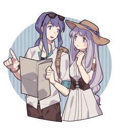 Rule 34 | 1boy, 1girl, :d, black-framed eyewear, blue background, blue eyes, blue hair, border, brown hat, brown pants, closed mouth, collared shirt, commentary, cropped legs, earrings, eyewear on head, fire emblem, fire emblem: genealogy of the holy war, haconeri, hat, holding, holding map, jewelry, julia (fire emblem), long hair, map, nintendo, open mouth, outside border, pants, purple eyes, purple hair, round border, seliph (fire emblem), shirt, smile, star (symbol), star earrings, sun hat, sunglasses, symbol-only commentary, white border, white shirt
