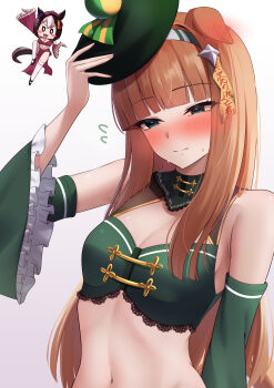 2girls absurdres alternate_costume animal_ears arugou blush breasts china_dress chinese_clothes cleavage commentary_request detached_sleeves dress gradient_background green_eyes green_sleeves grey_background hairband highres horse_ears horse_girl long_hair multiple_girls orange_hair silence_suzuka_(umamusume) small_breasts special_week_(umamusume) umamusume white_hairband