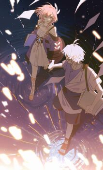1boy 1girl ahoge bare_shoulders black_shorts coat commentary cyrene_(aedes_elysiae)_(honkai:_star_rail) cyrene_(honkai:_star_rail) dress folder hair_ornament holding holding_folder holding_hands honkai:_star_rail honkai_(series) jewelry marketslipper necklace phainon_(a_dream_scented_in_wheat)_(honkai:_star_rail) phainon_(honkai:_star_rail) pink_hair purple_coat purple_shirt sandals shirt short_hair shorts smile white_dress white_hair