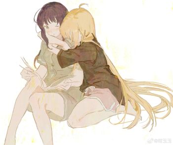 Rule 34 | 2girls, black shirt, blonde hair, chinese commentary, cho kaguya-hime!, commentary request, ganyuyu11192, green eyes, green pajamas, green shirt, green shorts, hair down, highres, hug, kaguya (cho kaguya-hime!), long hair, multiple girls, pajamas, pink shorts, purple hair, sakayori iroha, shirt, shorts, sitting, t-shirt, very long hair, white background