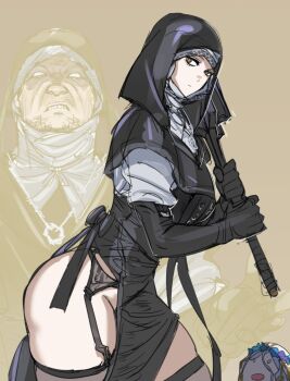Rule 34 | 2girls, ass, black capelet, black gloves, black hood, bow (bhp), capelet, dress, elden ring, elden ring nightreign, garter straps, gloves, holding, holding weapon, jewelry, mace, multiple girls, nun, revenant (elden ring), undertaker (elden ring), weapon, white coif