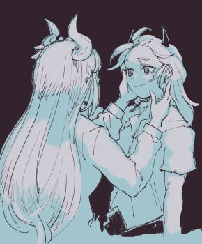 2girls barabarano20 formal_clothes hand_on_another's_face helltaker highres horns justice_(helltaker) lucifer_(helltaker) monochrome multiple_girls shirt sketch yuri