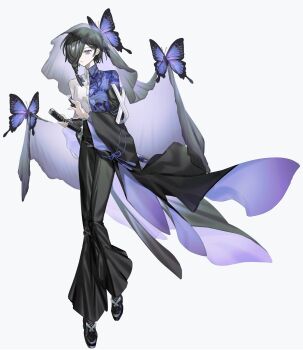 1girl androgynous bell-bottoms black_boots black_hair black_pants black_veil blue_shirt boots braid braided_bangs bug butterfly call_of_cthulhu closed_mouth collared_shirt detached_sleeves expressionless floral_print_shirt full_body furisode_sleeves hair_over_one_eye hair_ribbon hand_up high-waist_pants highres holding holding_sword holding_weapon insect katana knees_together_feet_apart lace-up_boots looking_at_viewer ni_trpg8 original pants purple_butterfly purple_eyes purple_ribbon purple_veil ribbon see-through_clothes see-through_veil sheath sheathed shirt short_hair simple_background solo standing sword two-sided_veil two-tone_shirt veil veil_lift weapon white_background white_shirt wide_sleeves