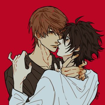 2boys absurdres bags_under_eyes death_note eye_contact face-to-face floatyart hand_around_neck hand_on_another&#039;s_neck hand_on_another&#039;s_shoulder highres imminent_kiss l_(death_note) looking_at_another multiple_boys neck_grab yagami_light yaoi