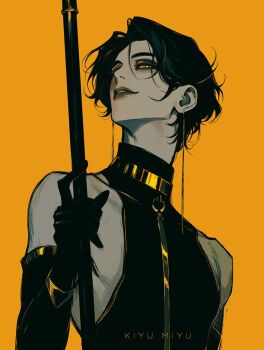 1boy choker commentary elbow_gloves english_commentary gloves holding holding_staff holding_weapon lips long_neck looking_to_the_side male_focus miyu_kiyu original parted_hair parted_lips shirt sideways_glance simple_background sleeveless sleeveless_shirt solo staff upper_body weapon yellow_background yellow_eyes zipper