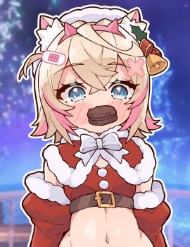1girl animal_ear_fluff animal_ears blonde_hair blue_eyes blurry blurry_background blush_stickers capelet chibi christmas commentary cropped_shirt detached_sleeves dog_ears dog_girl english_commentary food highres holding holding_food hololive hololive_english kukie-nyan mococo_abyssgard mouth_hold multicolored_hair navel pink_hair red_capelet red_shirt red_sleeves shirt short_hair solo streaked_hair two-tone_hair upper_body virtual_youtuber