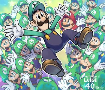 Rule 34 | anniversary, birthday, celebration, clone, facial hair, gloves, hat, highres, luigi, mario, mario &amp; luigi: dream team, mario &amp; luigi rpg, mario (series), mustache, nintendo, overalls, shirt, shoes, smile, the year of luigi, throwing, throwing person, yamari (ya mari 6363)