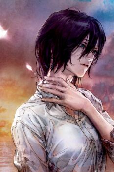 1girl black_hair blood blood_on_clothes chainsaw_man collared_shirt dawn green_eyes grenade_pin hair_between_eyes hashtag-only_commentary highres parted_lips reze_(chainsaw_man) shirt short_hair solo u_ryeon upper_body white_shirt