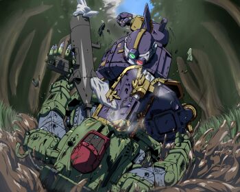 berserga bullet clenched_hand damaged fighting forest hihachi looking_down mecha mud nature no_humans open_hand pile_bunker robot soukou_kihei_votoms standing_tortoise