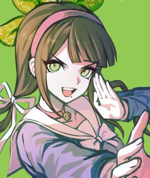Rule 34 | 1girl, bell, black hair, blue shirt, bow, bowtie, chabashira tenko, chinese commentary, choker, commentary request, cyacyacyacyaki, danganronpa (series), danganronpa v3: killing harmony, female focus, green background, green bow, green eyes, hair bow, hair ribbon, hairband, hands up, highres, long hair, long sleeves, mole, mole under mouth, neck bell, open mouth, pink choker, pink hairband, ribbon, sailor collar, sailor shirt, shirt, smile, solo, tsurime, upper body, v-shaped eyebrows, white bow, white bowtie, white ribbon, white sailor collar