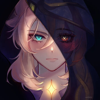 Rule 34 | 1boy, 1girl, absurdres, albedo (genshin impact), aqua eyes, artist name, black background, blonde hair, closed mouth, commentary, english commentary, genshin impact, glowing, glowing tattoo, hair between eyes, highres, looking at viewer, maybisu, medium hair, mother and son, portrait, rhinedottir (genshin impact), simple background, split theme, straight-on, symbol-shaped pupils, tattoo, veil, white veil, yellow eyes