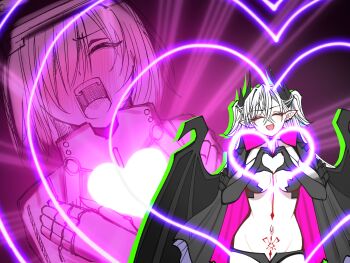 2girls armored_leotard bare_shoulders black_cloak black_hands black_panties blush body_markings breasts cleavage cloak closed_eyes colored_extremities crossed_bangs demon_girl demon_horns demon_wings ear_piercing fate/grand_order fate_(series) gauntlets grey_hair hair_over_one_eye head-mounted_display heart heart_hands highres horns leotard lilith_(fate) lilith_(second_ascension)_(fate) long_hair love_je_t&#039;aime mash_kyrielight mash_kyrielight_(ortenaus) mcpc_zamurai medium_breasts multiple_girls navel open_mouth panties piercing pointy_ears short_hair smile stomach_tattoo tattoo twintails underwear wings