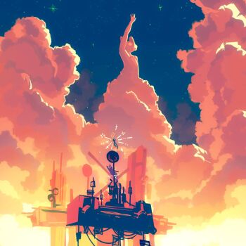 arm_up building cloud cloudy_sky commentary creature english_commentary highres holding holding_polearm holding_weapon iterator_(rain_world) korean_commentary looks_to_the_moon mixed-language_commentary no_humans orange_clouds outdoors polearm radio_antenna rain_world rice_candy scenery shaped_cloud sky slugcat spear spearmaster_(rain_world) star_(sky) weapon
