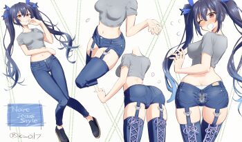 Rule 34 | 1girl, absurdres, alternate costume, ass, black hair, blush, breasts, butt crack, character name, choujigen game neptune, commentary, commission, crop top, cross-laced clothes, cross-laced legwear, denim, denim shorts, english text, eyelashes, from behind, grey shirt, hair between eyes, hair ribbon, highres, jeans, kow (kow0117), long hair, looking at viewer, medium breasts, narrow waist, navel, neptune (series), noire (neptunia), ojou-sama pose, pants, pixiv commission, red eyes, ribbon, shirt, short shorts, shorts, skindentation, smile, smug, solo, standing, surprised, t-shirt, thighhighs, twintails, twitter username, very long hair, zettai ryouiki