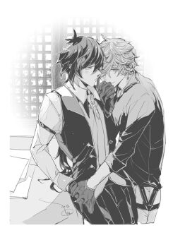 Rule 34 | 004s 4, 2boys, blush, couple, genshin impact, greyscale, holding hands, image sample, monochrome, multiple boys, pixiv, pixiv sample, tartaglia (genshin impact), white background, yaoi, zhongli (genshin impact)