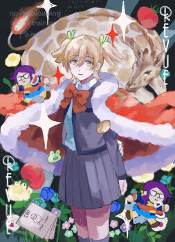 2girls arms_behind_back artist_name black_background blonde_hair blue_flower blue_jacket blue_shirt blue_skirt bow bowtie breast_pocket brown_shoes chibi chibi_inset child's_drawing closed_mouth collared_shirt commentary_request copyright_name daiba_nana english_text feet_out_of_frame fire flower frog fur-trimmed_jacket fur_trim giraffe_(revue_starlight) glasses green_eyes green_ribbon grey_jacket grey_skirt hair_between_eyes hair_ribbon hand_on_own_arm highres hoshimi_junna human07 jacket jacket_on_shoulders legs_together long_sleeves looking_at_viewer miniskirt multiple_girls open_clothes open_jacket parted_lips pink_flower pleated_skirt pocket purple_flower purple_hair red_bow red_bowtie red_jacket red_sash ribbon sash school_uniform script seishou_music_academy_uniform shirt shirt_tucked_in shoes short_hair shoujo_kageki_revue_starlight skirt smile sparkle standing star_(symbol) tomato two_side_up walking watermark yellow_flower