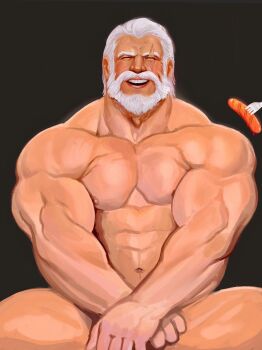 1boy abs beard biceps broad_shoulders closed_eyes connected_beard covered_groin crossed_arms facial_hair feeding food fork highres iblokes laughing male_focus muscular muscular_male navel nipples non-web_source nude old old_man open_mouth overwatch overwatch_1 pectorals reinhardt_(overwatch) sausage scar scar_across_eye scar_on_face simple_background sitting teeth upper_teeth_only veins veiny_arms white_hair