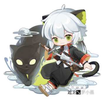 1boy animal_ear_fluff animal_ears arknights bead_bracelet beads black_cat black_jacket black_pants bracelet cat cat_boy cat_ears cat_tail character_name chibi green_eyes highres holding holding_sword holding_weapon jacket jewelry luo_xiaohei luo_xiaohei_zhanji male_focus pants puffy_pants shirt shoes short_hair sword tail weapon white_hair white_shirt white_shoes yi_zhi_zhangyu_yu