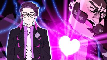 03_oxo 2boys black_jacket blush closed_eyes collared_shirt corbeau_(pokemon) facial_hair frown glasses glowing_heart heart highres jacket love_je_t&#039;aime male_focus multiple_boys mutton_chops necktie nintendo open_mouth orange_eyes parody philippe_(pokemon) pokemon pokemon_legends:_z-a purple_hair purple_shirt shirt short_hair white_necktie yaoi