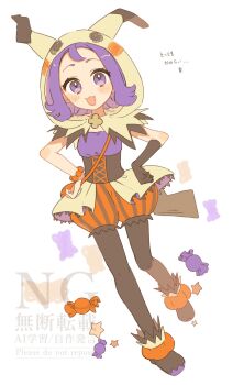 Rule 34 | 1girl, :d, acerola (fall 2020) (pokemon), acerola (pokemon), candy wrapper, capelet, commentary, eyelashes, flipped hair, full body, gloves, hands on own hips, happy, highres, hood, hood up, nintendo, official alternate costume, open mouth, orange shorts, pantyhose, pokemon, pokemon masters ex, purple eyes, purple hair, purple shirt, shirt, shoes, shorts, smile, solo, striped clothes, striped shorts, sumeragi1101, translation request, vertical-striped clothes, vertical-striped shorts, watermark, yellow capelet