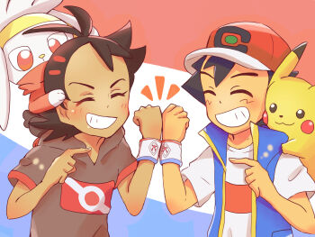 2boys ash_ketchum baseball_cap black_hair blue_vest closed_eyes dark_skin dynamax_band gen_1_pokemon gen_8_pokemon goh_(pokemon) grey_shirt hat highres multiple_boys nintendo on_head on_shoulder pikachu pointing pokemon pokemon_(anime) pokemon_(creature) pokemon_journeys pokemon_on_head pokemon_on_shoulder raboot red_headwear shirt short_hair short_sleeves simple_background smile teeth upper_body vest white_shirt