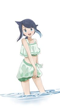 1girl :d absurdres black_hair blue_eyes commentary_request cowlick green_sarong happy highres liko_(pokemon) looking_at_viewer nintendo open_mouth partial_commentary pokemon pokemon_(anime) pokemon_horizons sarong sidelocks smile solo suzume_tsumugi swept_bangs swimsuit teeth upper_teeth_only wading water white_background