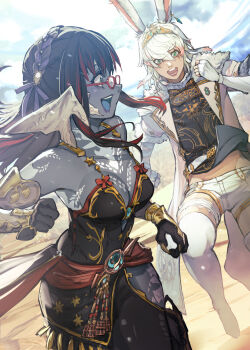 2girls animal_ears au_ra black_gloves black_hair blue_eyes breasts cassia_(cassiaffxiv) colored_skin dragon_horns dragon_tail earrings final_fantasy final_fantasy_xiv fingerless_gloves frilled_thigh_strap glasses gloves grey_skin hair_between_eyes hide_(hideout) highres horns jewelry long_hair medium_breasts multi-source_commentary multicolored_hair multiple_girls open_mouth original pink_hair rabbit_ears red-framed_eyewear red_hair running shorts tail thigh_strap thighhighs tiara two-tone_hair viera warrior_of_light_(ff14) white_gloves white_hair white_scales white_shorts white_thighhighs