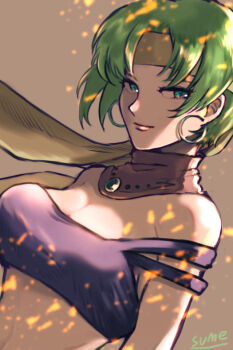 Rule 34 | 1girl, artist name, blue eyes, breasts, brown background, cleavage, earrings, fire, green hair, headband, jewelry, krisheena, midriff, solo, sparkle, sumeragi (black rose), tear ring saga, tear ring saga: yutona eiyuu senki