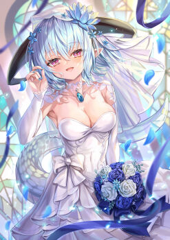1girl akami770 aqua_hair blue_flower blue_nails blue_petals blue_rose blush bouquet bow breasts bridal_veil bride cleavage collarbone detached_sleeves double-parted_bangs dragon_girl dragon_horns dragon_tail dress falling_petals filene_(shadowverse) flower hair_between_eyes hair_flower hair_ornament highres holding holding_bouquet horns long_sleeves looking_at_viewer medium_breasts open_mouth petals pink_eyes rose shadowverse smile solo stained_glass strapless strapless_dress tail veil wedding_dress white_bow white_flower white_rose white_veil