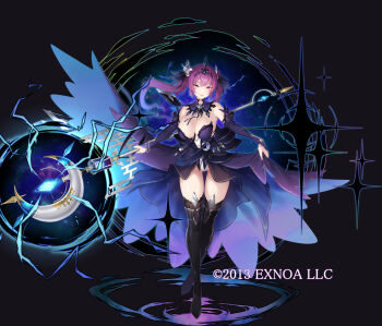 1girl 2013 armpit_crease awakening_(sennen_sensou_aigis) black_boots black_ribbon black_thighhighs black_tiara boots breasts bridal_gauntlets cleavage commentary_request company_name copyright_notice crescent crescent_hair_ornament crescent_wand crossed_legs dress floating_clothes floating_hair gluteal_fold hair_ornament hair_ribbon hecatie_(sennen_sensou_aigis) holding holding_wand large_breasts layered_dress legs leotard long_hair long_legs looking_at_viewer magic nanahara_fuyuki official_art purple_dress purple_eyes purple_sleeves ribbon sennen_sensou_aigis skirt_hold smile solo sparkle standing thigh_boots thighhighs thighs tiara twintails wand watson_cross white_leotard