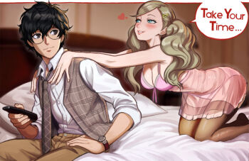 1boy 1girl amamiya_ren artist_pls_draw_twiyor_like_this_(meme) bed black_hair blonde_hair breasts cleavage commentary controller couple english_commentary english_text glasses highres lingerie long_hair necktie neggoartz on_bed persona persona_5 photo-referenced remote_control round_eyewear shirt takamaki_anne underwear vest