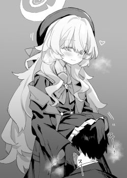 013_(hamsasuke) 1boy 1girl beret black_coat black_gloves black_hat black_pantyhose blue_archive clothes_lift coat face_in_crotch fluffy_hair gloves halo hand_on_another&#039;s_head hat head_under_another&#039;s_clothes head_under_skirt heart hetero highres loli long_hair monochrome open_clothes open_coat pantyhose professor_niyaniya_(blue_archive) side_ahoge skirt skirt_lift smile under_another&#039;s_clothes under_skirt