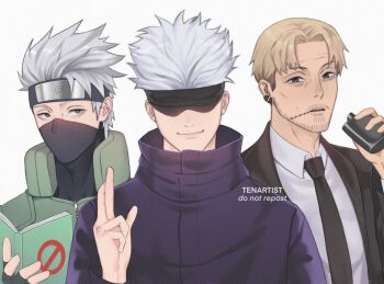 3boys artist_name beard_stubble black_gloves black_headband black_jacket black_mask black_necktie blindfold blonde_hair book chainsaw_man cheekbones closed_mouth collared_shirt crossed_fingers earrings facial_hair fingerless_gloves flask gloves gojou_satoru green_vest grey_eyes grey_hair hatake_kakashi headband heterochromia highres holding holding_book holding_flask jacket jewelry jujutsu_kaisen jujutsu_tech_uniform kishibe_(chainsaw_man) male_focus mask mature_male mouth_mask multiple_boys naruto_(series) necktie parted_bangs parted_lips reading red_eyes sharp_teeth shirt smile stubble suit_jacket teeth tenartistt upper_body vest white_background white_shirt wrinkled_skin