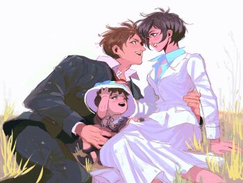 1boy 1girl 1other arm_around_waist black_hair black_jacket black_pants black_suit blue_shirt breasts brown_hair collared_shirt couple eren_yeager family formal_clothes hair_between_eyes hand_on_headwear hat hetero highres husband_and_wife if_they_mated jacket kiwie_marinep light_blush long_skirt looking_at_another medium_breasts mikasa_ackerman necktie open_mouth pants parent_and_child parted_bangs parted_lips red_necktie shingeki_no_kyojin shirt short_hair sitting skirt smile suit suit_jacket white_hat white_jacket white_shirt white_skirt