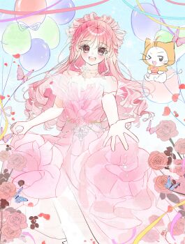 >_o 1girl ahoge animal artist_request balloon bare_shoulders bead_choker beads belt birthday birthday_cake blossoming_impression_(shining_nikki) blue_butterfly brown_eyes bug butterfly cake candle cat chinese_commentary cloak clothed_animal commentary_request commission day dot_nose dress drill_hair ear_covers elbow_gloves eyelashes feet_out_of_frame fire flower flower_dress food gloves gown happy heart_balloon highres holding holding_food hood hood_up hooded_cloak insect light_blush long_dress long_hair looking_at_viewer momo_(nikki) neck nikki_(nikki) nikki_(series) offering_hand one_eye_closed open_mouth outdoors petals pink_dress pink_flower pink_hair pink_rose red_flower red_rose rose rose_petals sample_watermark second-party_source see-through_clothes see-through_gloves shining_nikki skirt_hold smile sparkle strapless strapless_dress streamers tareme teeth upper_teeth_only very_long_hair watermark whiskers white_cat white_flower white_gloves white_rose yellow_cloak