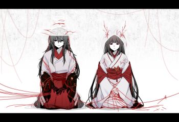 1boy 1girl black_eyes black_hair black_skin burnt_clothes colored_skin d_ecember12th e.g.o_(project_moon) gat_(hat) great_trichiliocosm_(e.g.o) hanbok hat highres horns japanese_clothes kimono korean_clothes limbus_company long_hair looking_at_viewer project_moon red_horns red_sash ryoshu_(project_moon) sash simple_background string string_of_fate very_long_hair white_background white_hanbok white_hat white_kimono wide_sleeves yi_sang_(project_moon)