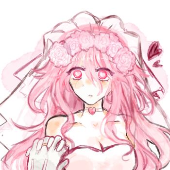 1boy 1girl bare_shoulders breasts bridal_veil choker cleavage collarbone dress flower flower_wreath funamusea gloves heart heart-shaped_pupils heart_choker hetero highres holding_hands jewelry large_breasts long_hair looking_at_another oc_x_canon open_mouth original out_of_frame pale_skin pink_choker pink_eyes pink_flower pink_hair ring sam_(sillylinariafan) satanick_(funamusea) simple_background solo symbol-shaped_pupils veil very_long_hair wedding_dress white_background white_dress white_gloves