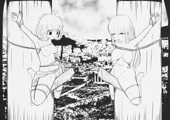 2girls absurdres animeretrograde bdsm bondage bound greyscale highres monochrome multiple_girls public_humiliation wooden_horse