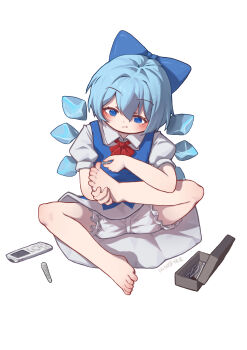 1girl :t absurdres applying_pedicure barefoot bloomers blue_bow blue_dress blue_eyes blue_hair blush bow cirno clipping_toenails collared_shirt controller dress hair_bow highres ice ice_wings nail_clippers neck_ribbon pinafore_dress puffy_short_sleeves puffy_sleeves rangque_(user_vjjs4748) red_ribbon remote_control ribbon shirt short_hair short_sleeves sitting sleeveless sleeveless_dress solo touhou underwear white_shirt wings