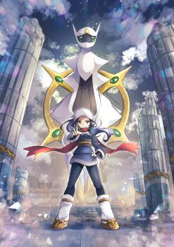 1girl akari_(pokemon) arceus black_hair black_pantyhose blue_jacket colored_skin commentary_request full_body gen_4_pokemon hand_on_own_hip headscarf jacket legendary_pokemon long_hair mythical_pokemon nintendo pantyhose pokemon pokemon_legends:_arceus standing watermark white_headscarf white_skin yomogi_(black-elf)