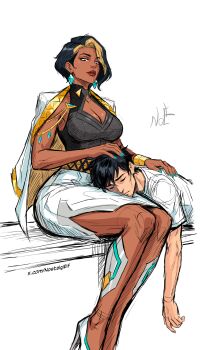 Rule 34 | 1boy, 1girl, absurdres, aqua nails, artist self-insert, black hair, blonde hair, breasts, brown lips, cleavage, cleavage cutout, clothing cutout, commentary, dark-skinned female, dark skin, domina (overwatch), earrings, english commentary, high heels, highres, jacket, jacket on shoulders, jewelry, lap pillow, large breasts, legs together, looking down, lying on lap, mature female, multicolored hair, nail polish, nostalgielf, overwatch, pencil skirt, shoes, short hair, side slit, sitting, skirt, streaked hair, two-tone hair, watermark, web address, white jacket, white shoes, white skirt