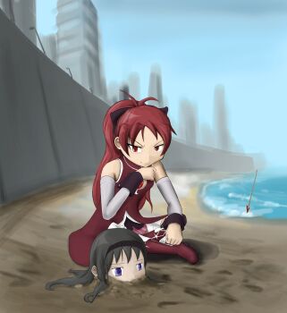 2girls absurdres akemi_homura beach black_hair day far_cry far_cry_3 highres long_hair mahou_shoujo_madoka_magica mahou_shoujo_madoka_magica_(anime) multiple_girls parody red_hair sakura_kyoko sakura_kyoko_(magical_girl) sand