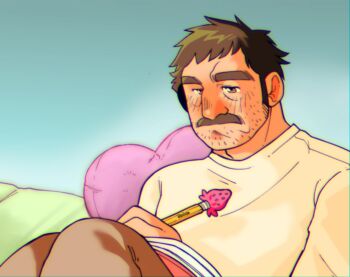 1boy beard_stubble bedroom brown_eyes brown_hair brown_pants commentary english_commentary facial_hair grgxrt heart heart-shaped_pillow highres holding holding_pen long_sleeves male_focus mature_male mustache on_bed original pants pen pillow shirt sideburns solo stubble thick_eyebrows white_shirt writing