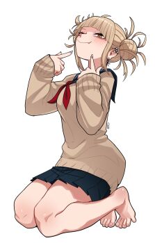 1girl absurdres bare_legs barefoot blonde_hair blue_sailor_collar blue_skirt blunt_bangs blush boku_no_hero_academia cardigan closed_mouth commentary ear_piercing english_commentary fang feet full_body grin hair_bun highres kneehighs kneeling legs loafers messy_hair neckerchief piercing pleated_skirt pointing pointing_at_self red_neckerchief sailor_collar school_uniform serafuku shoes signature simple_background skirt slit_pupils smile socks solo spread_toes thick_thighs thighs toenails toes toga_himiko unusualpie white_background yellow_cardigan yellow_eyes