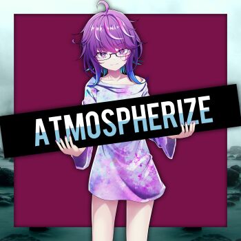 Rule 34 | 1girl, ahoge, album cover, blue hair, bright pupils, commentary request, cover, cowboy shot, english text, flat chest, glasses, gradient hair, highres, hitnex, holding, holding sign, j-core, kobaryo, kobaryo (character), looking at viewer, messy hair, multicolored hair, official art, oversized clothes, oversized shirt, purple background, purple eyes, purple hair, ringed eyes, shirt, short hair, sign, simple background, solo, standing, tie-dye, white background, white pupils